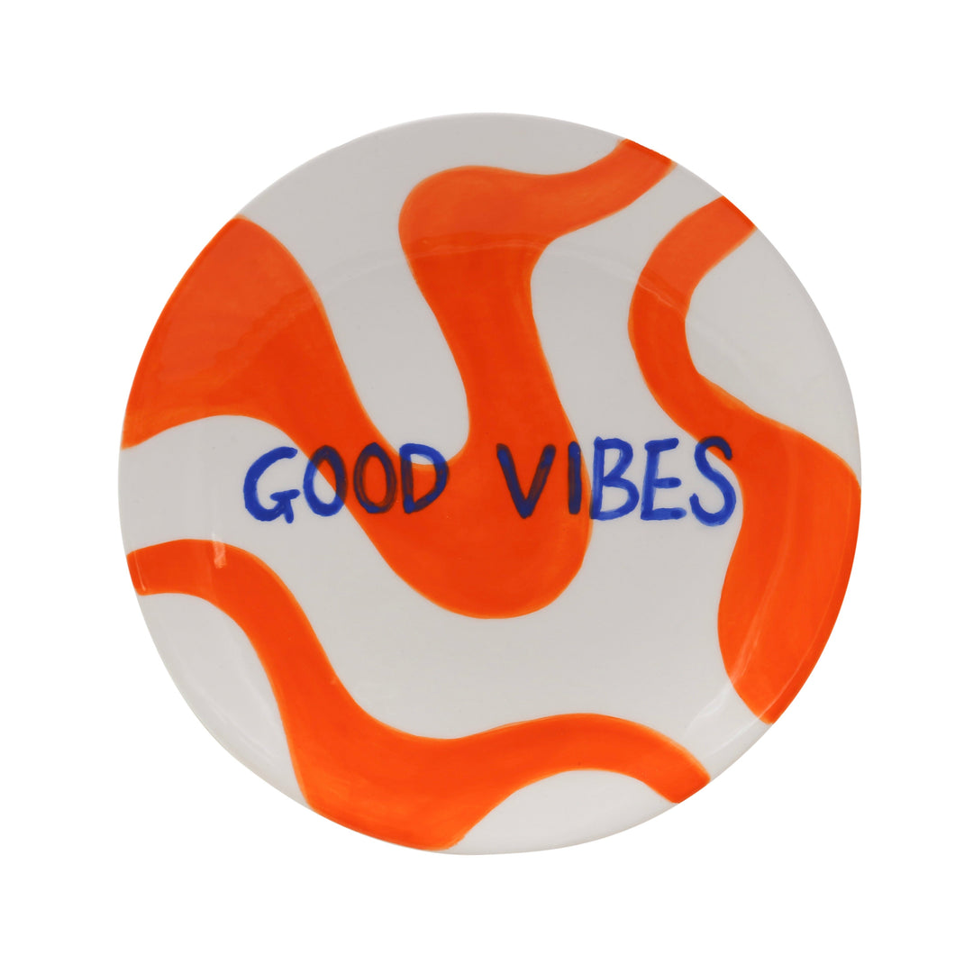 Que Rico keramiek bordje oranje met tekst: Good Vibes