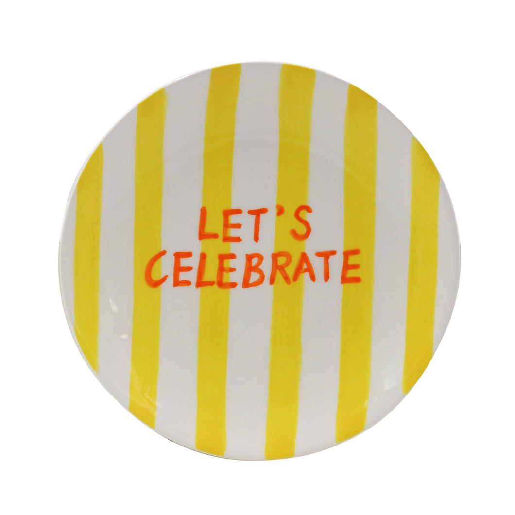 Que Rico keramiek bord geel oranje letters: Let's Celebrate