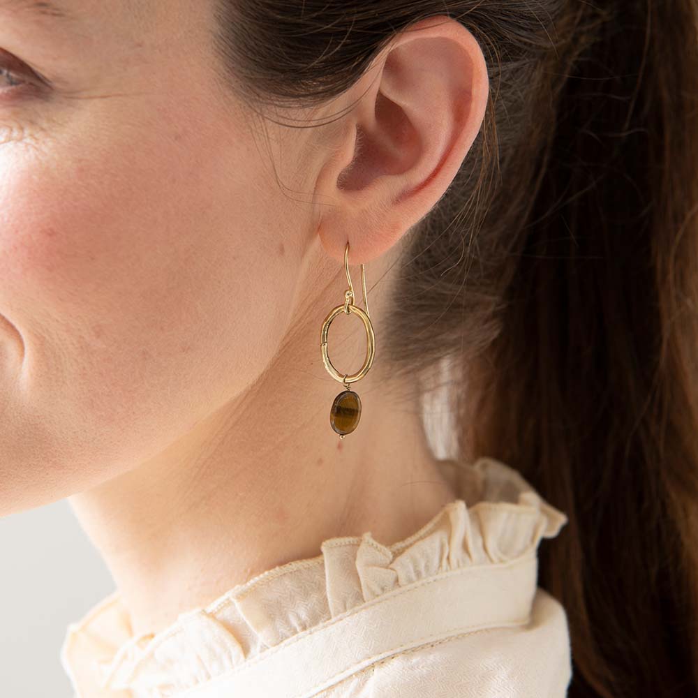 Boucles d'Oreilles Gracieuses Oeil de Tigre Or