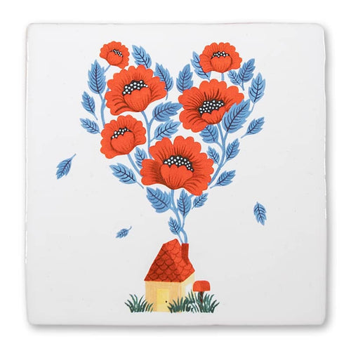 StoryTile Waar Liefde Is. Tegel met huis en rode bloemen die uit de schoorsteen groeien. 