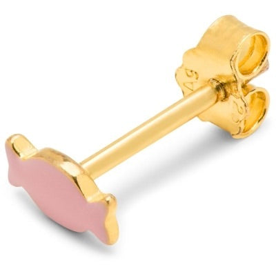 Oorbel knopje in de vorm van een roze snoepje. Het roze is emaille en de rest van de oorbel is goud. Dit is verguld messing.