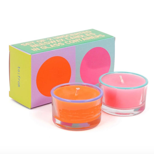 Twee gekleurde kaarsen in glas met gekleurde rand in trendkleuren, verpakt in mooi gekleurd doosje, roze en oranje