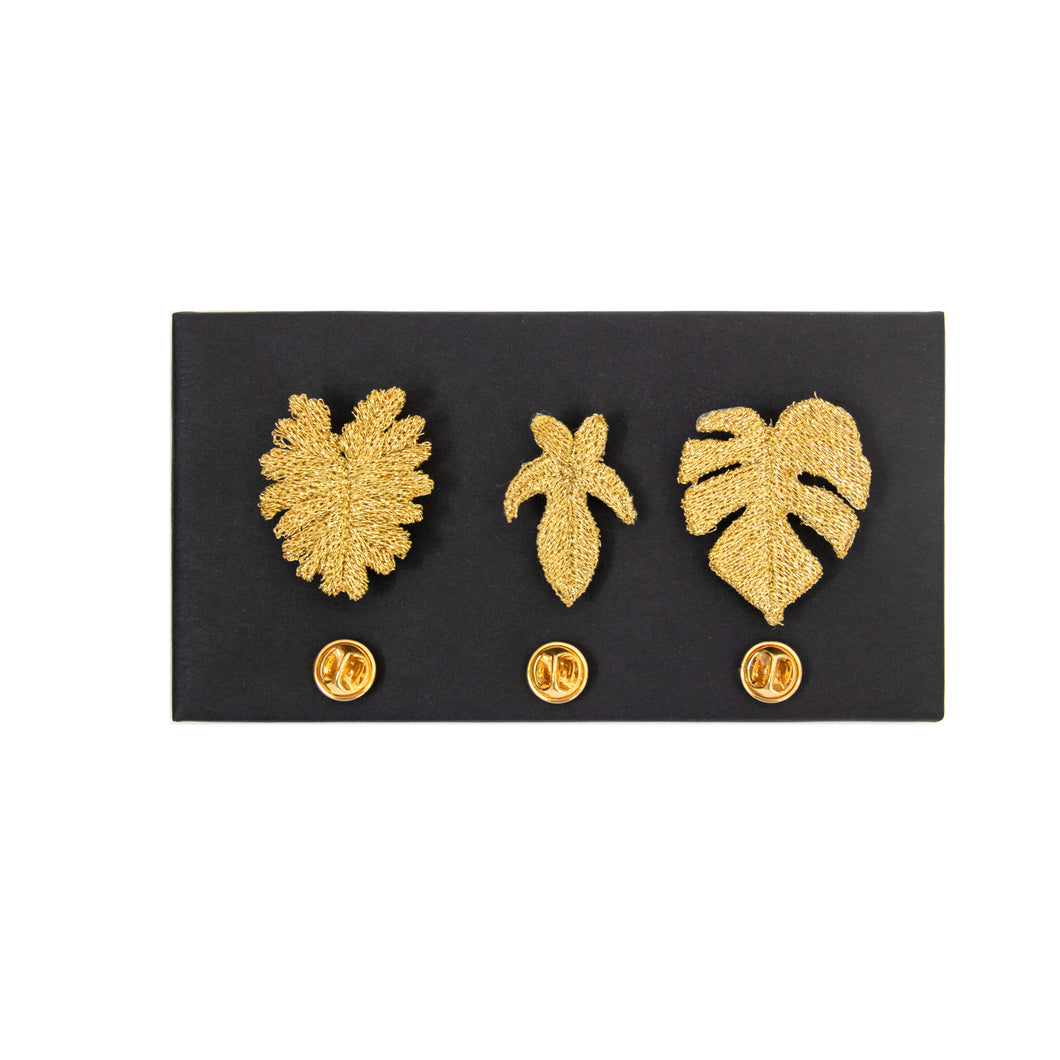 Gold Embroidered Brooches – 3 tropical leaves